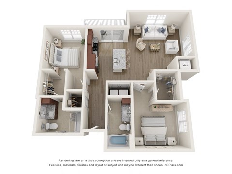 3d floor plan of a 2 bedroom apartment